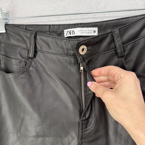 Zara Pants Womens Medium Black High Rise Faux Leather Slim Fit 5 Pocket Stretch - Picture 4 of 16